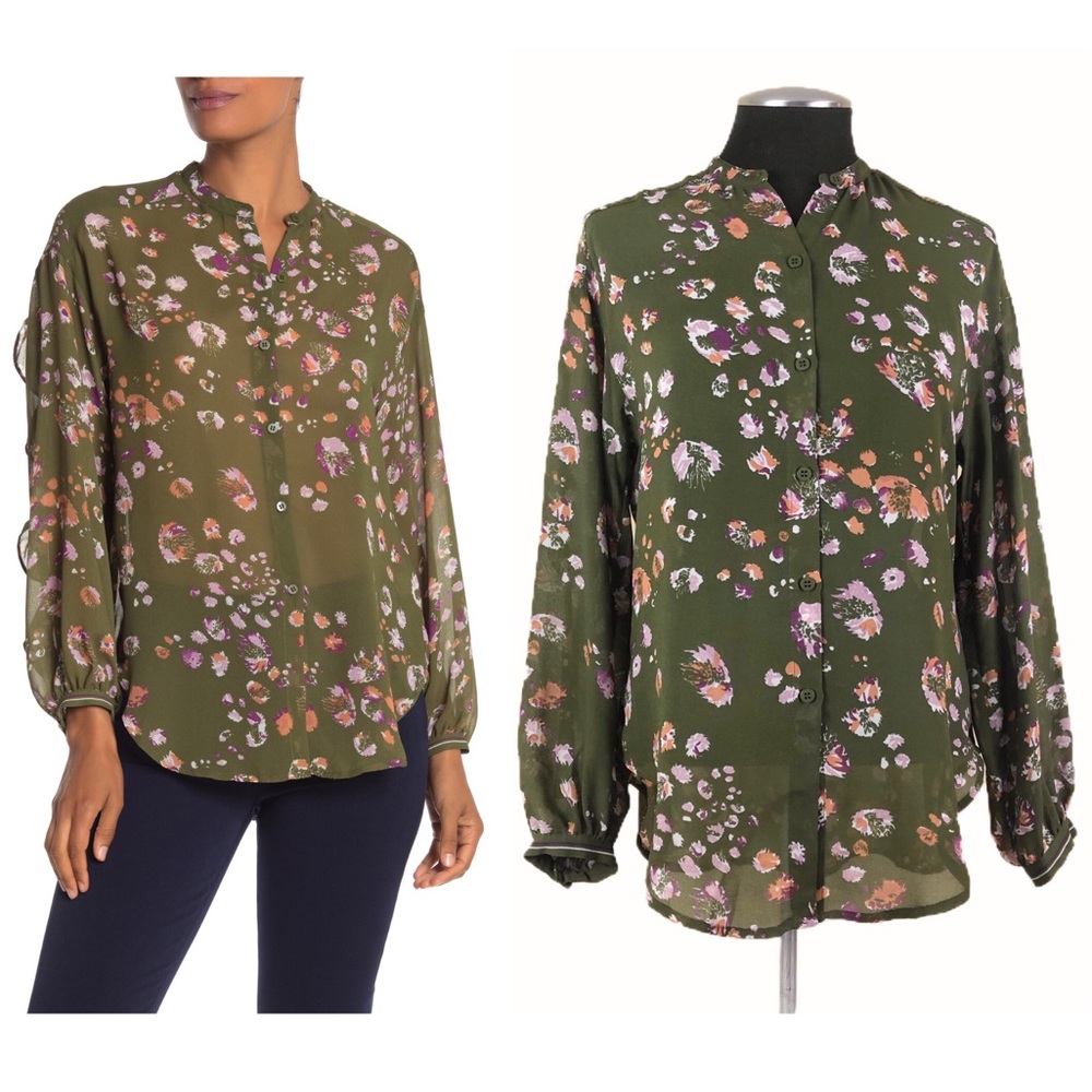 Max Studio - Green Floral Sheer Ruffle Sleeve Blouse - Extra Small XS - NWT